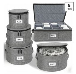 Cirhy China Storage Containers 5-Piece Set - Reinforced Hard-Sided Moving Boxes for Dinnerware, Fine China, Stemware & Mugs - Sturdy Quilted Dish Pack