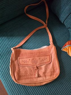 Peach Leather Shoulder Bag with Embossed Medallion