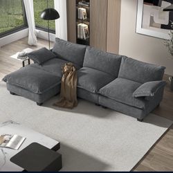 113” Convertible Sectional Sofa, Oversize L Shape Sofa Sleeper with 2 Pillows, Modern 3 Seat Cloud Couch with Extra Deep Seat& Moveable Ottoman, Velve