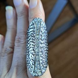 Silvertone Pounded Metal Rhinestone Ring
