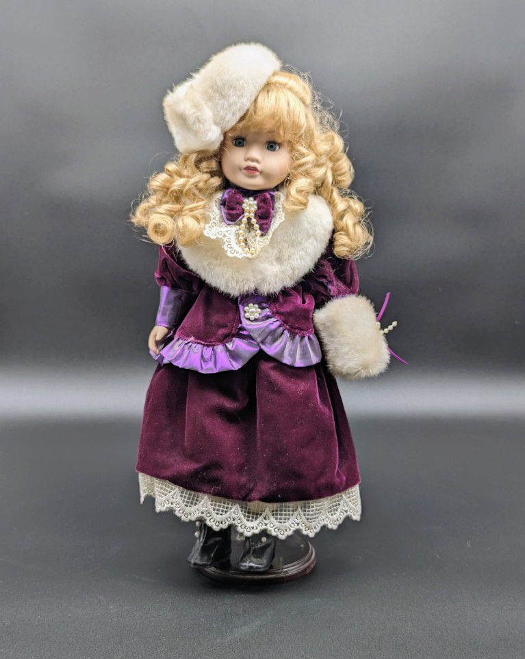 VTG Porcelain Doll Purple Velvet & Lace Dress EVC