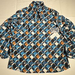 NWT Nine West  Shirt Blouse  Attached Scarf Berry Harvest Lagoon  Plaid  Teal & Ochre  Women  Size Medium 