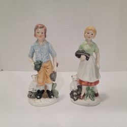Set of 2 Vintage Ceramic Boy and Girl with Dog And Cat Figurines ~ 6.75 In Tall