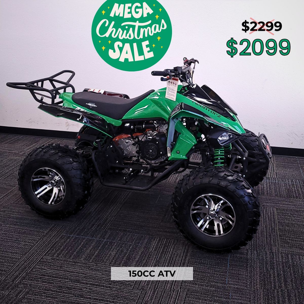 ATV For Sale in Sacramento, HUGE CHRISTMAS SALE! Sporty 150cc Quad – Green Sticker, Big Tires, Great Suspension & Affordable Price! ONLY $2099