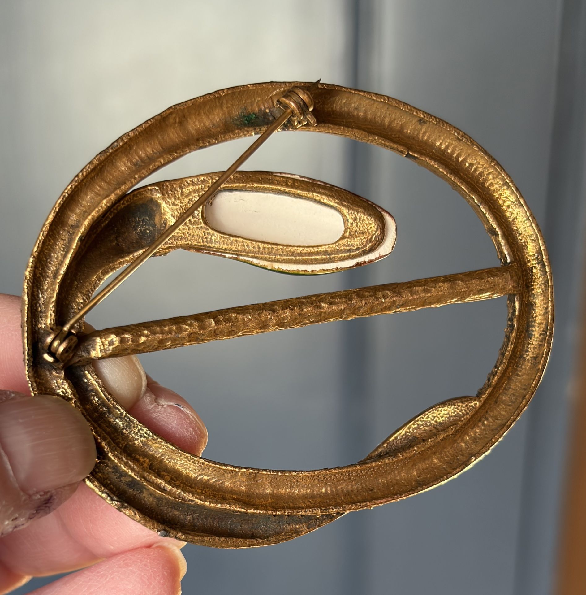 c.1900Art Nouveau Brass Snake Sash Buckle w/ Green enamel head, green eyes