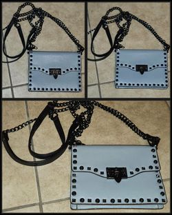 NEW WITHOUT TAGS LIGHT GRAY BLUE STUDDED LEATHER CROSSBODY PURSE BAG HANDBAG SHOULDER CLUTCH WALLET