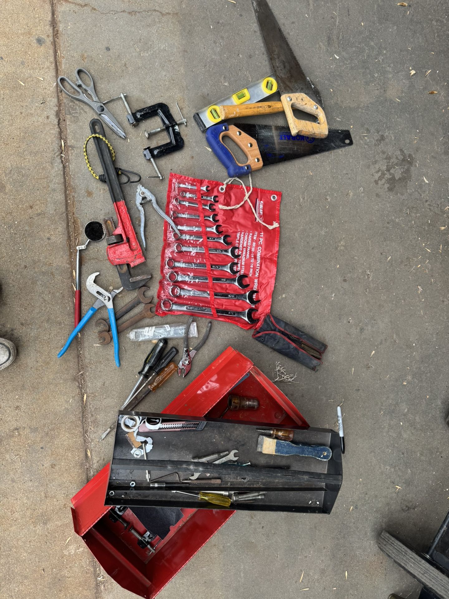Tool box with tools Including: open wrench set Hammer Hand saw