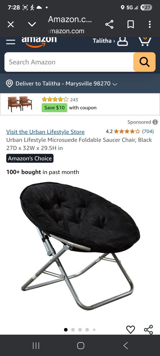 Urban Lifestyle Microsuede Foldable Saucer Chair