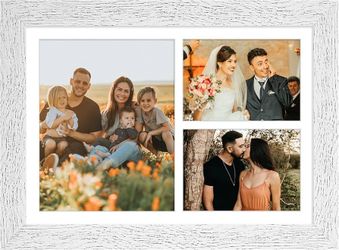 11 x 16 collage frame, 2 open 5 x 7 frames and 1 open 8 x 10 inch frame Wide-profile Woodgrain, HD Plexiglass, Removable Mat, Horizontal/Vertical Wall