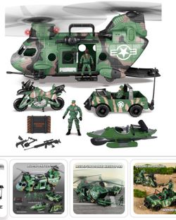 JOYIN 10-In-1 Military Helicopter Toys Set With Light, Sound, Trucks, Boat, Bike