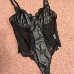 New Xl Black Pleather Bodysuit Goth Sheer Stretchy Lingerie 