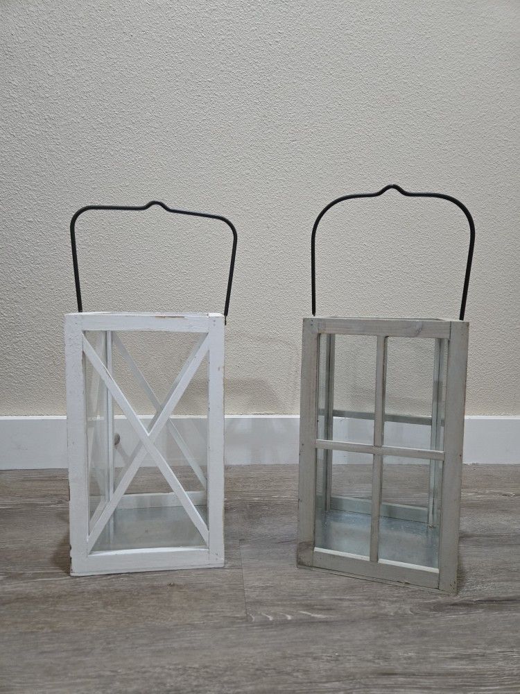 Farmhouse Style Wooden Glass Panels Lanterns White & Grey set