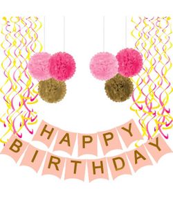 Pink Happy Birthday Banner & Poms