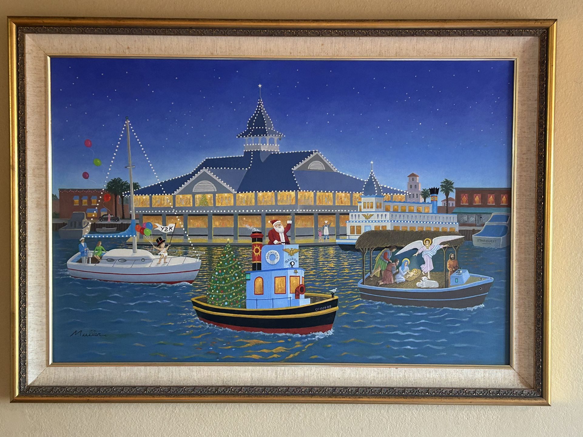 Original Oil Painting Of Newport Beach Boat Parade/Harbor/Balboa Pavilion + 12 Matching Christmas Cards