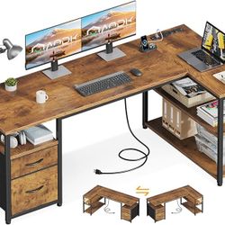 55 inch L Shaped Computer Desk with Drawers, Reversible Computer Desk with Storage Shelves, Home Office Desk with Built-in Power Outlet, Rustic Brown