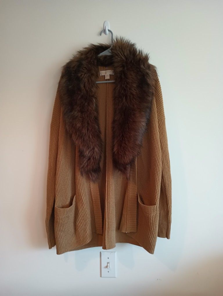 Vintage Michael Kors Brown Sweater with removable fur collar- cardigan has 2 pockets, buttons. Size L