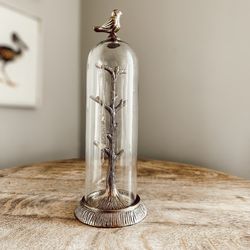 Anthropologie Cloche Jewelry Holder Tree Glass Bird Finial Twig Branches LIKE NEW 