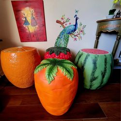 $167 EACH OR BEST OFFER FOR ALL. WATERMELON, CARROT ,STRAWBERRY , ORANGE Ceramic Outdoor Tables 18"×14" Tropical Garden Patio Pool Balcony Home Decor 