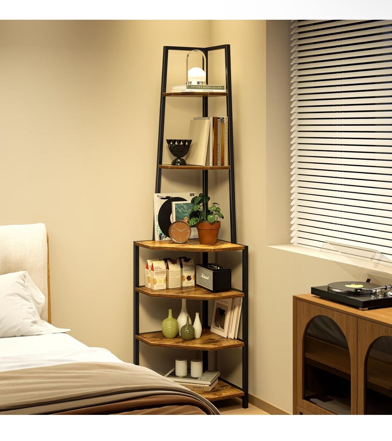 6 Tier Corner Shelf 69 Inch Industrial Bookshelf with Metal Frame, Multipurpose Tall Plant Stand with Opening Display Shelves for Living Room, Bedroom