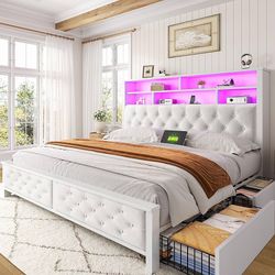 M369-Queen Bed Frame with 4 Storage Drawers, Upholstered Wooden Bed Frame with Headboard, Built-in Charging Station and LED Light, Noise-Free Platform