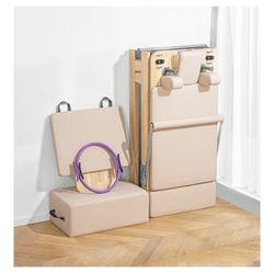 Brand New (Assembled, Never Used) LeisureKing Foldable Pilates Reformer - Nude/Beige Minimalist Color - Includes Jump Board, Box, & Straps 