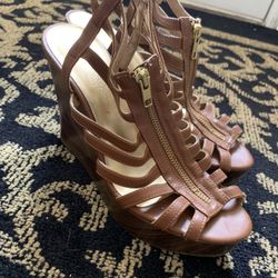 Jessica Simpson Heels Women 8 Brown Leather Vented Zippered Wedge Comfort Sandal