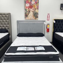 Bed, Bed with LED light, Bedroom Furniture, Blue, Grey, Upholstered bed