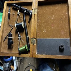 fly tying tool kit housed in a wooden box