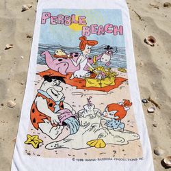 Vintage 1988 The Flintstones Pebble Beach Beach Towel 48"x26" - Fred Wilma Pebbles Dino Hanna-Barbera 