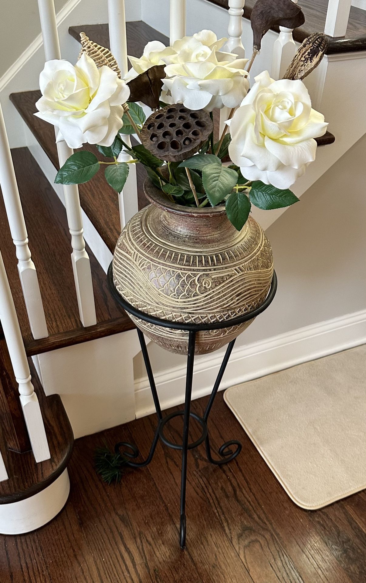 Wrought Iron Plant Stand With Ceramic Bowl Vase