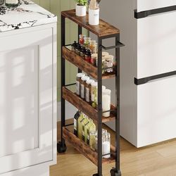 4-Tier Slim Storage Cart, 5.1'' Kitchen Serving Trolley, Slim Rolling Cart with Handle and Guard Rails, Slim Cabinet for Small Spaces, for Dining Room
