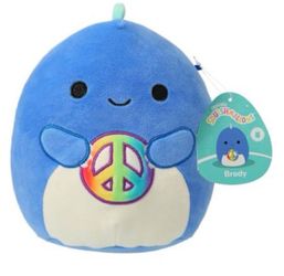 Adorable blue plush. Features a colorful peace sign on the belly. Squish mellow Soft and cuddly. Perfect for Kids.