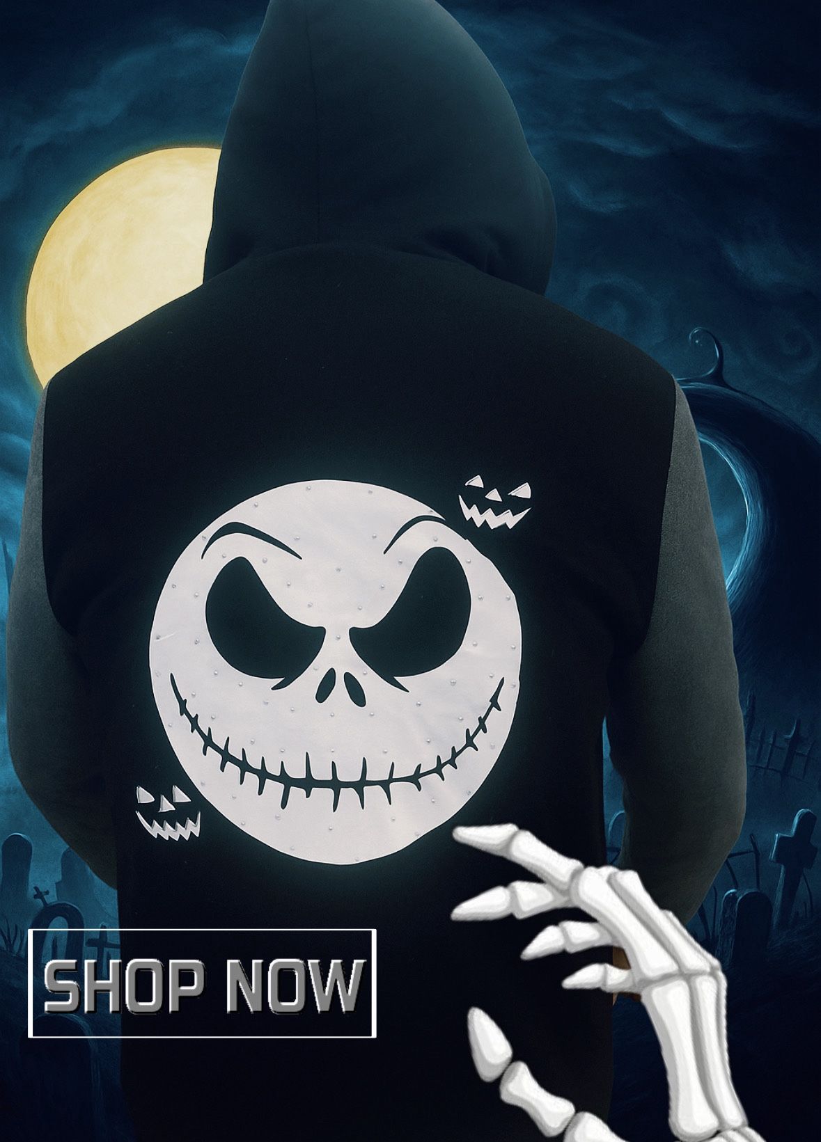 Nightmare Before Christmas Hoodie Jack Skellington Zero Rhinestone Black/Gray Unisex Size M