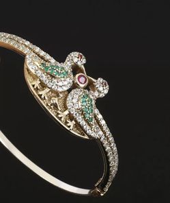 Ruby Emerald Topaz Birds Silver & Bronze Bangle Bracelet