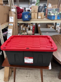 27 Gallon Large Storage Bin with Snap Lid, Black and Red, Heavy Duty Plastic Storage Container, New