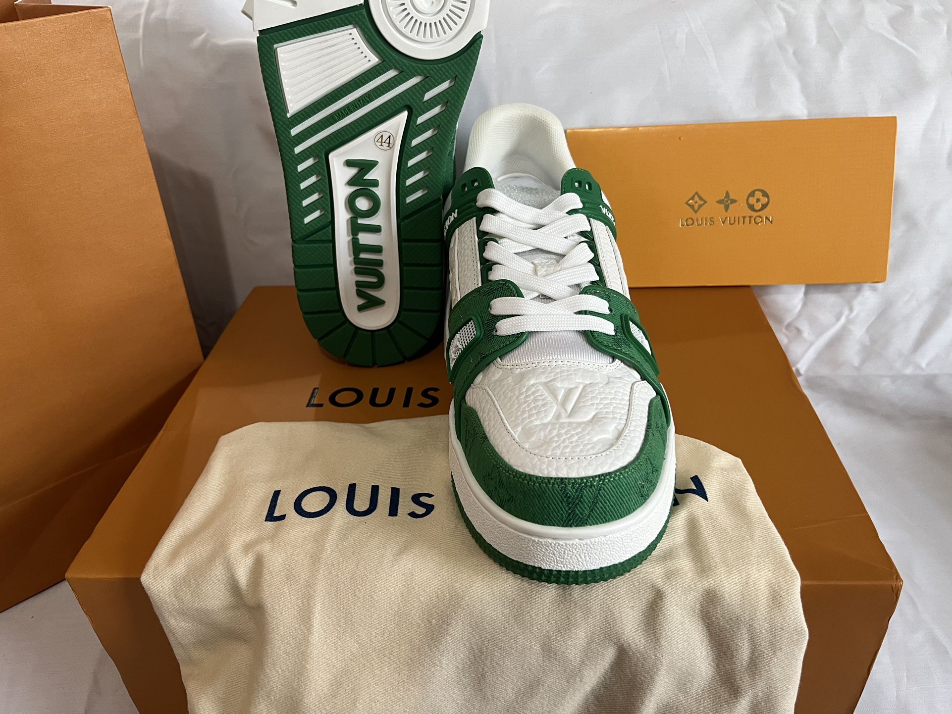 SALEOFF Louis Vuitton Trainer Green Monogram Denim White Sneaker