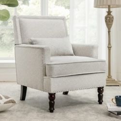 35 in. Beige Fabric Classic Accent Chair Solide Wood Upholstered Armchair with Cushion Nailheads