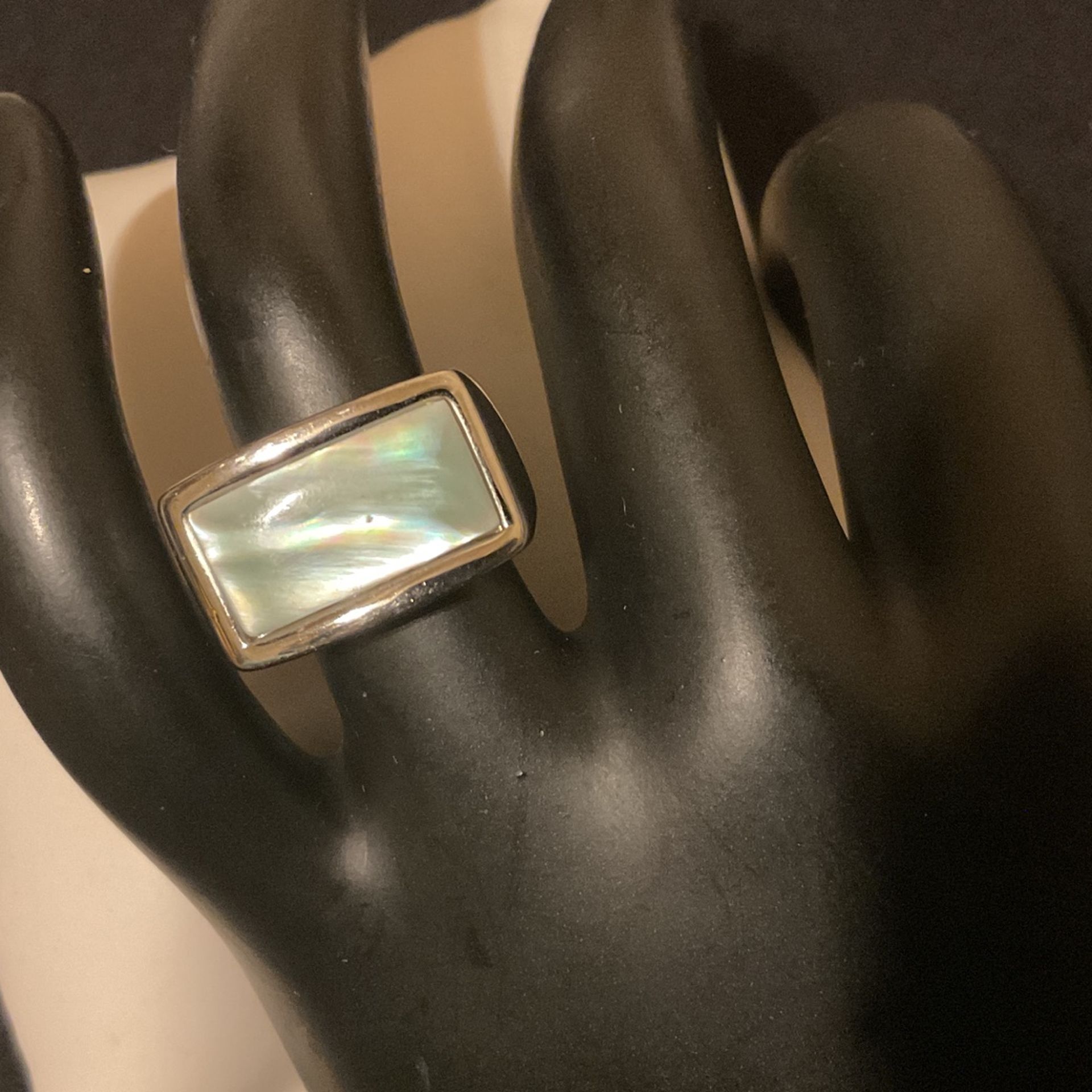 SilverTone Plated Solid Pearly Jade Stone Ring…Size 6