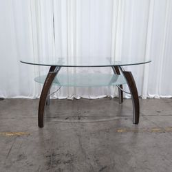 Contemporary Oval Glass Coffee Table with Wood Legs