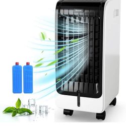 COSTWAY Evaporative Cooler, Include Remote Control, 2 Ice Packs, Portable Bladeless Fan with 3 Modes, 3 Speeds, 8H Timer, LED Display, Air@683