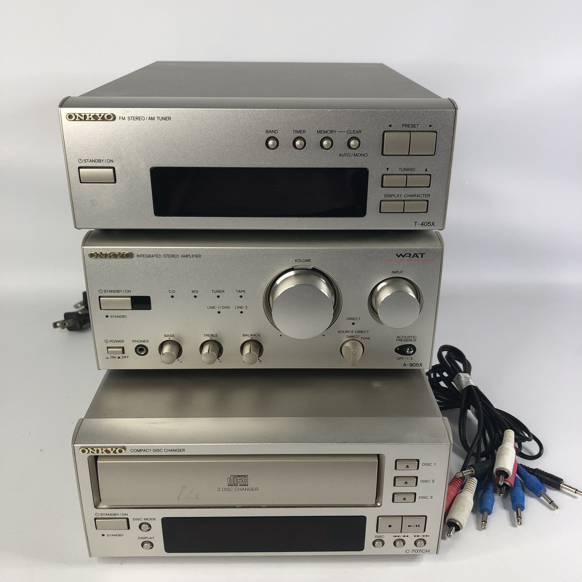 Onkyo A-905x integrated amplifier, T-405x Tuner, C-707CH 3 Disc CD player