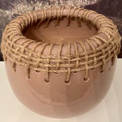 Taupe/Brown Ceramic Pot With Woven Jute Trim