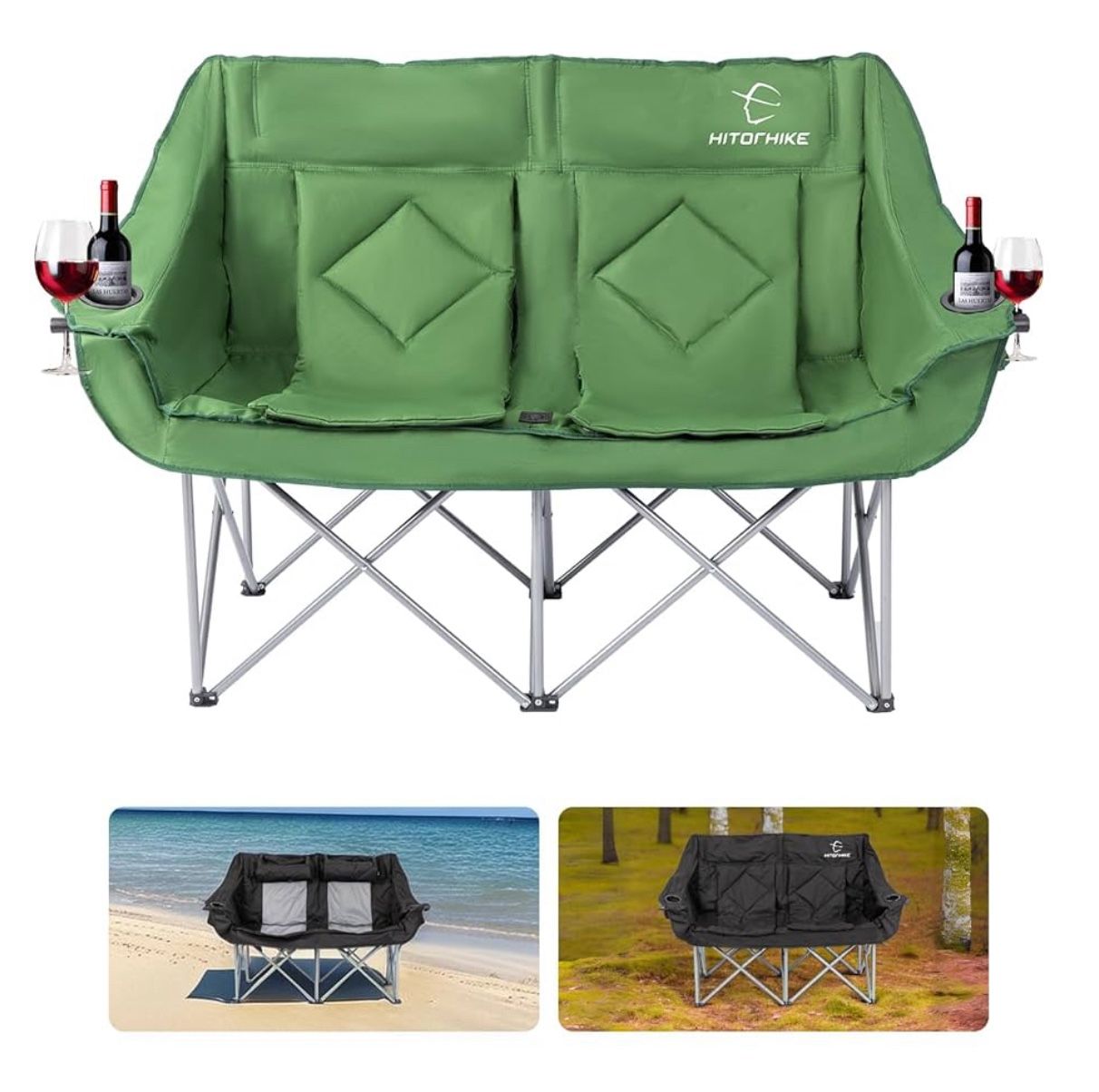 HITORHIKE Double Camping Chair Heavy Duty Oversized Folding Loveseat- GREY^^