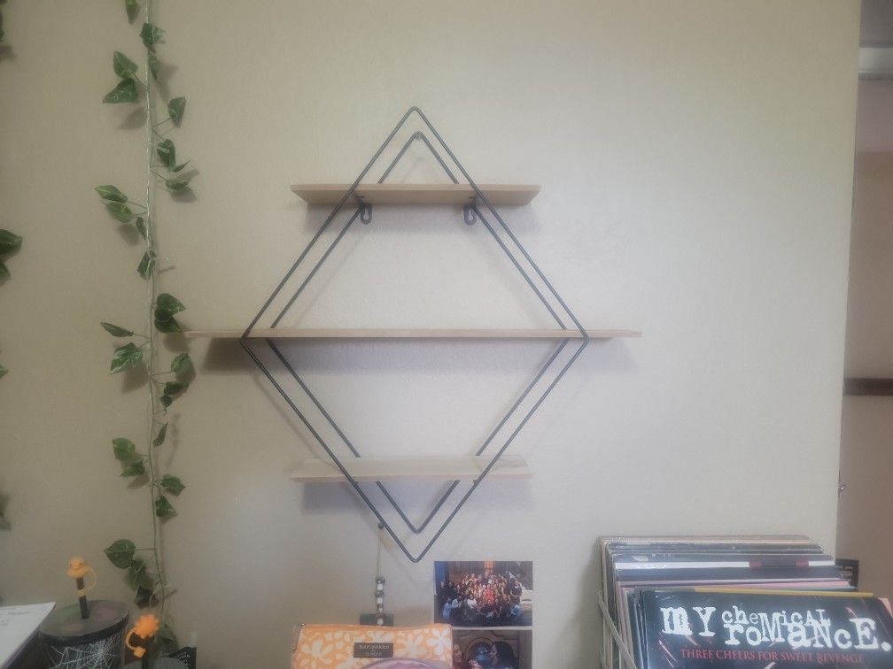 Hanging Wood and Metal Diamond Shelf
