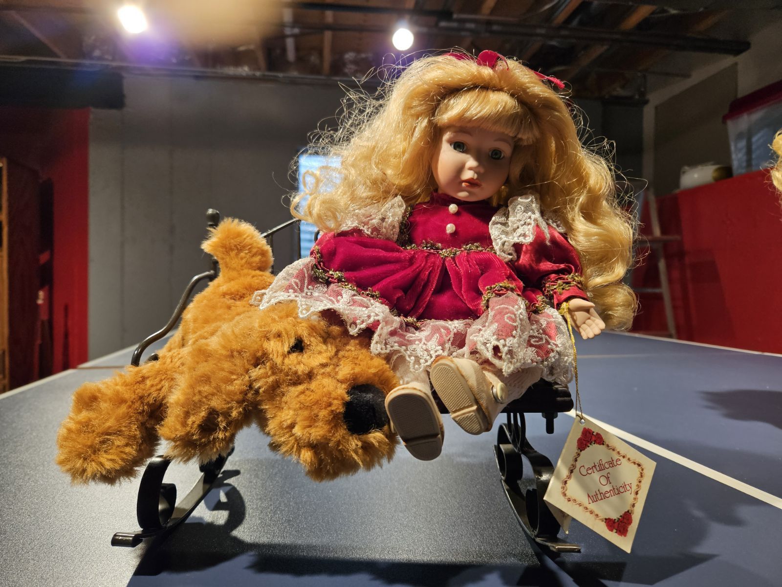 Porcelain Doll On Bench, With Dog