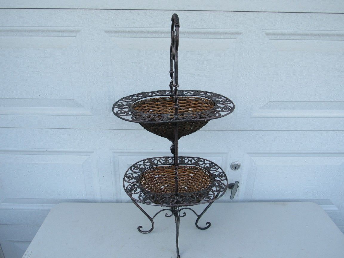 Wrought Iron Wicker Fruit 2-Tier Basket Rack Stand Antique Brass Color
