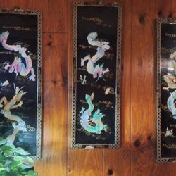 Jade Dragon MOTHER PEARL INLAY Asian China Chinese Wall ART LAQUER PLAQUE