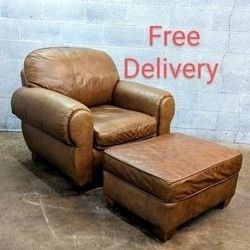 Flexsteel Semi Aniline Leather Armchair and Ottoman