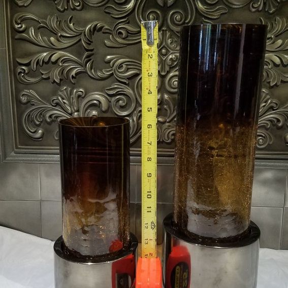 Pier One Crackled Glass Candle Holders with Metal Pillar Bases - Pair - New