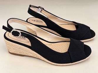 LifeStride Socialite Wedge Sandals 8.5W Black Espadrille Peep Toe Slingback